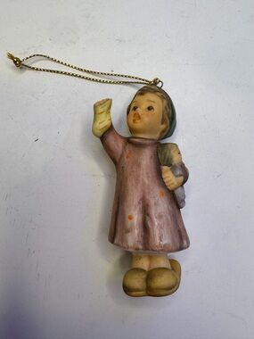 Goebel Hand-Painted Pink Girl Ornament with Doll and Gold Cord